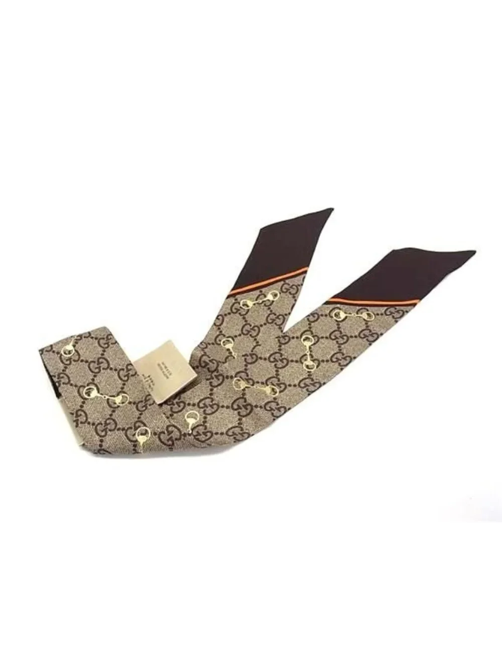 Gucci GG Pattern Horsebit Neck Bow Silk 100% Ribbon Scarf Brown